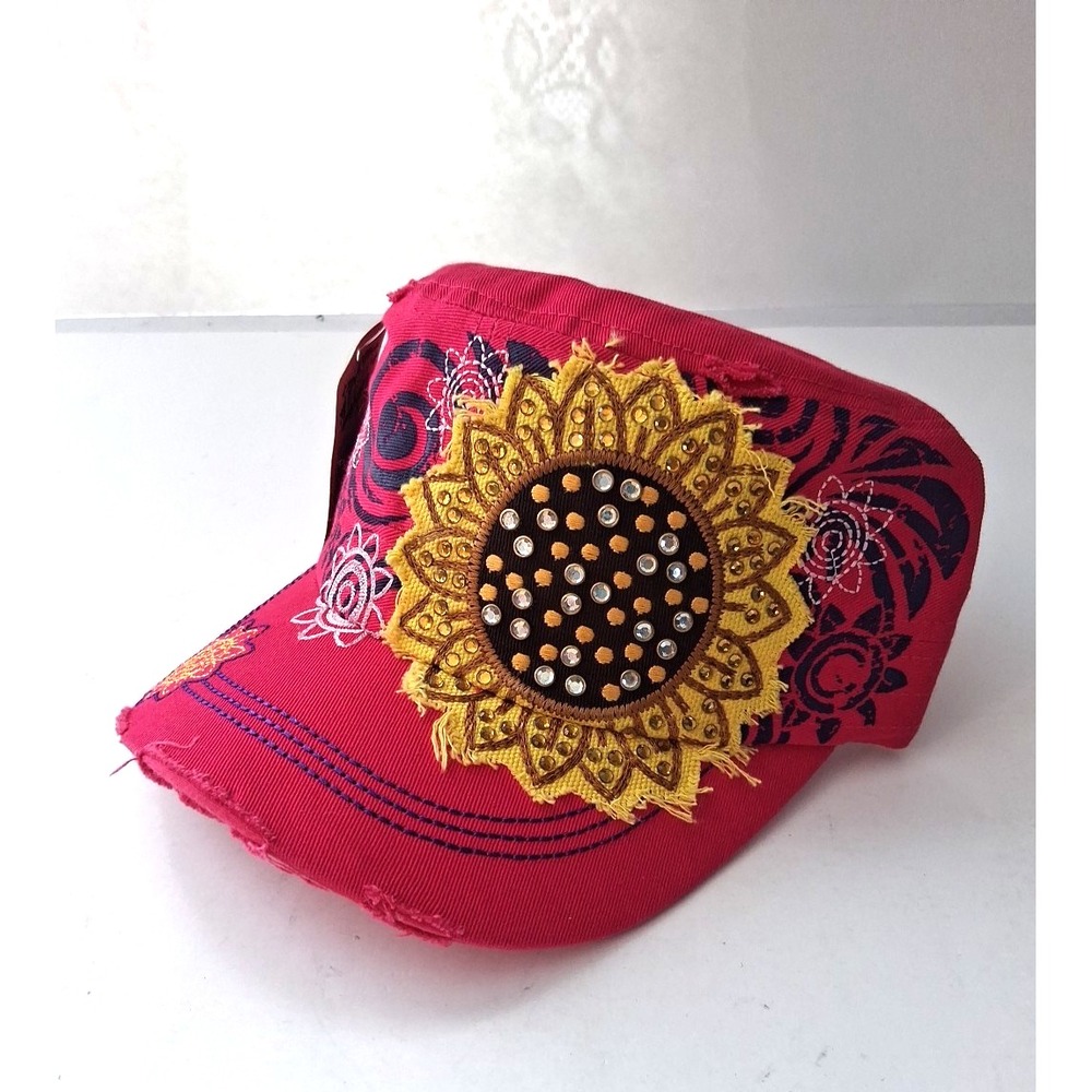 Leader Cadet Cap Distressed Crystal Studded Sunflower Womens Adjustable Pink New